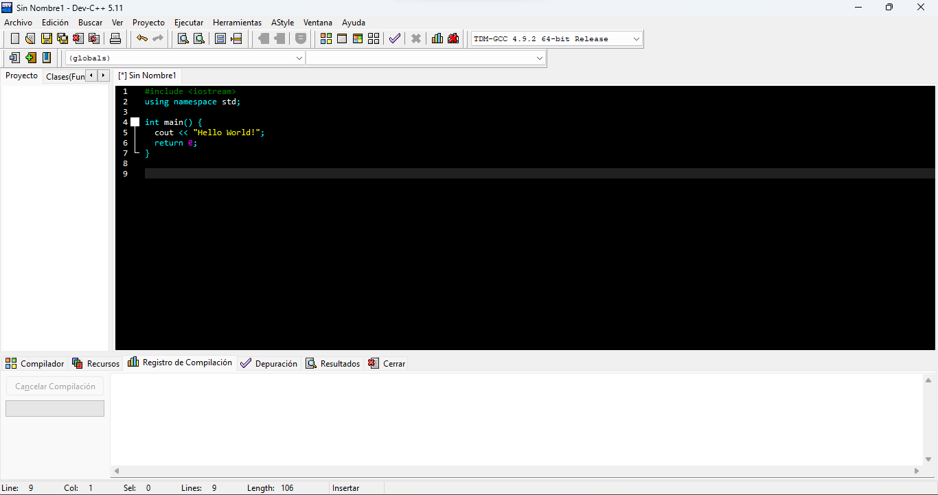 Código C++ en Dev-C++